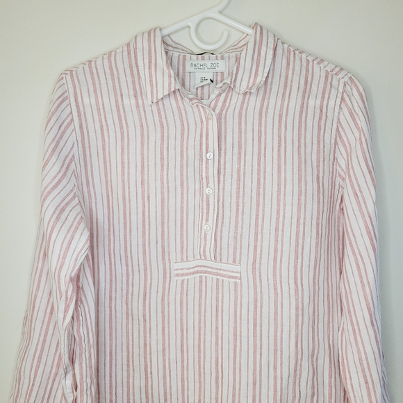 Rachel Zoe Linen Top Women's Medium Stripe Pink White Roll Sleeves Beach Summer - Picture 4 of 8